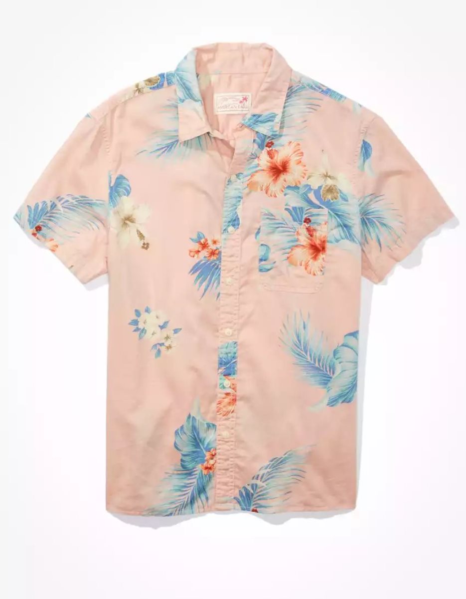 Hauts Flanelle American Eagle AE Tropical Button-Up Resort Shirt Rose Homme | ZHH-39798913